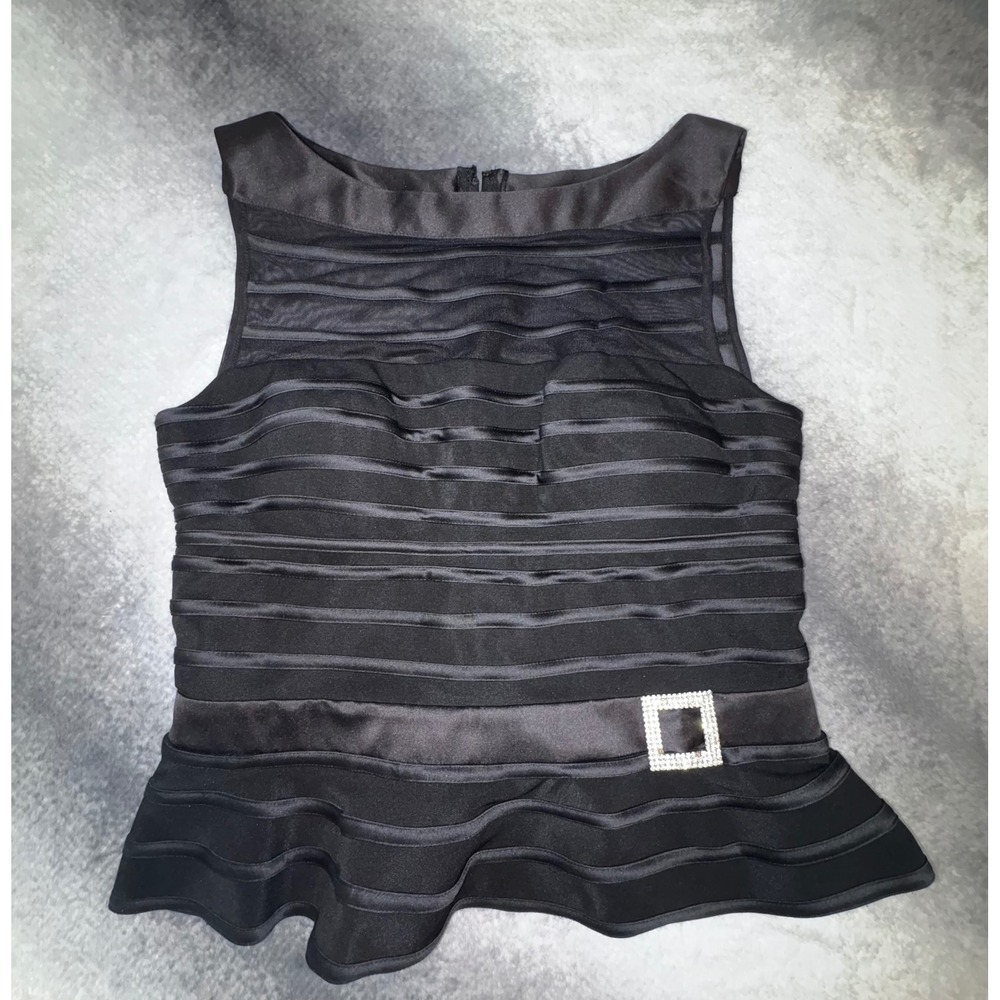 JS Collections Black Ribbon Mesh Peplum‎ Top Rhinestone Buckle Size 10 Evening